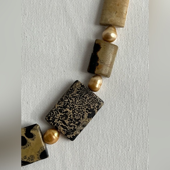 Jasper and Gold Pearl 18” Necklace and Earrings Set Sterling Silver - Picture 6 of 11